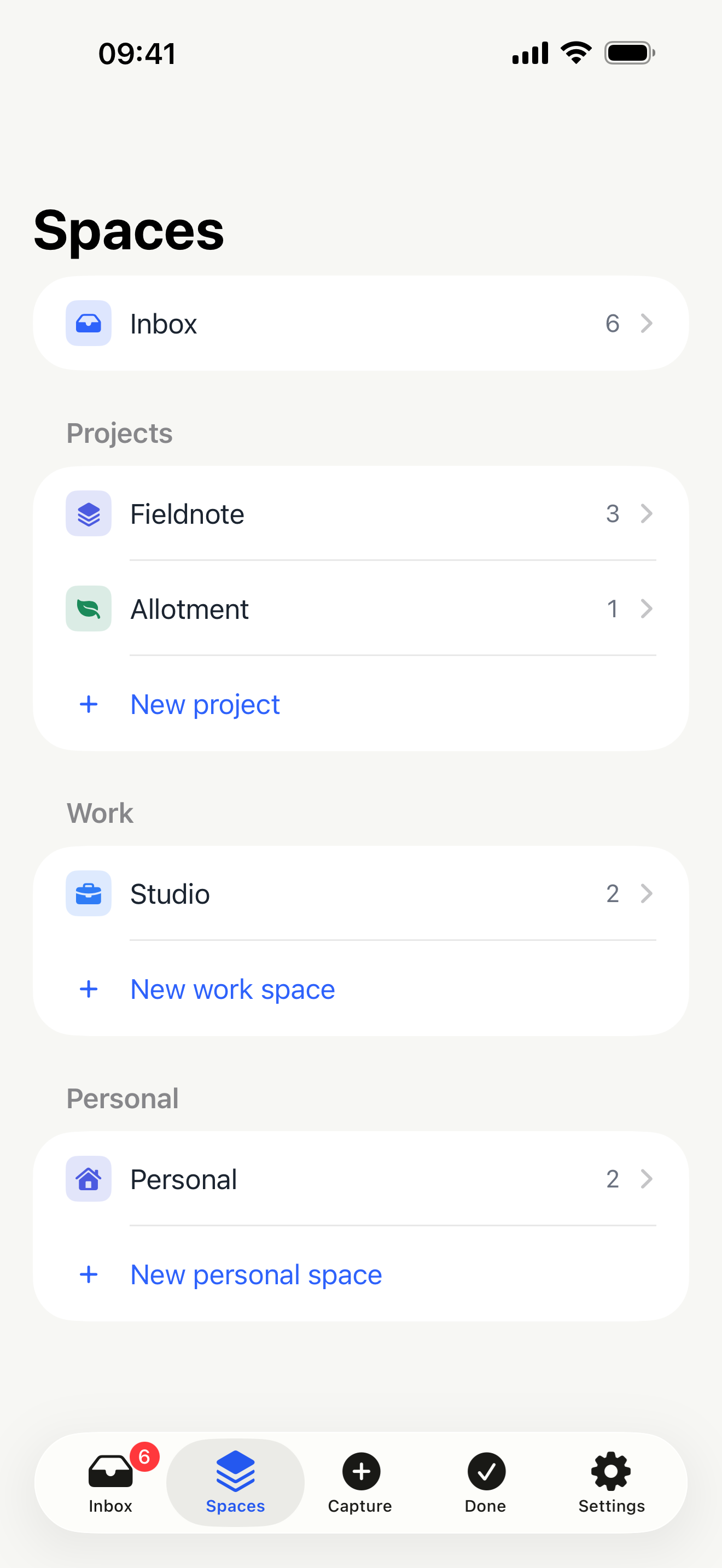 Spaces: the projects notes are filed into.