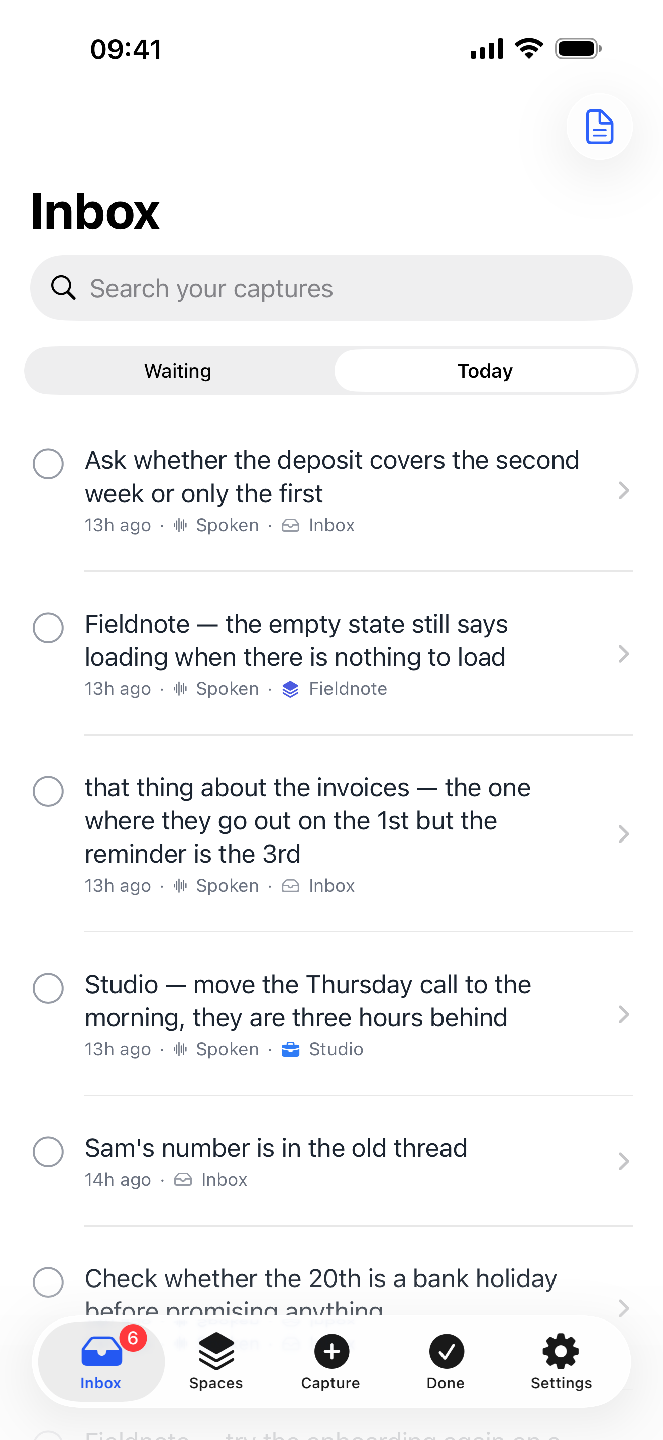 Today: everything captured today, across every project.